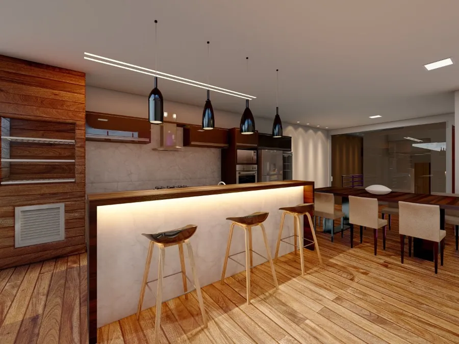 Cozinha gourmet com bancada, banquetas e sala de jantar