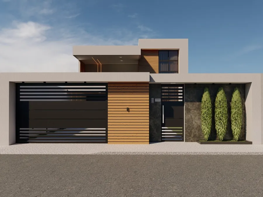 Fachada de casa térrea com portão e painel de madeira